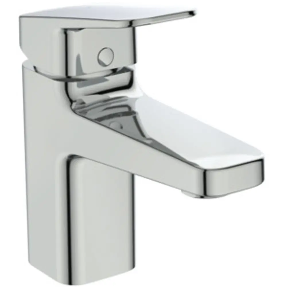 Waschtischarmatur in verchromter Ausführung von Ideal Standard, mit flacher Oberseite und seitlichem Hebel zur Wasserregulierung.